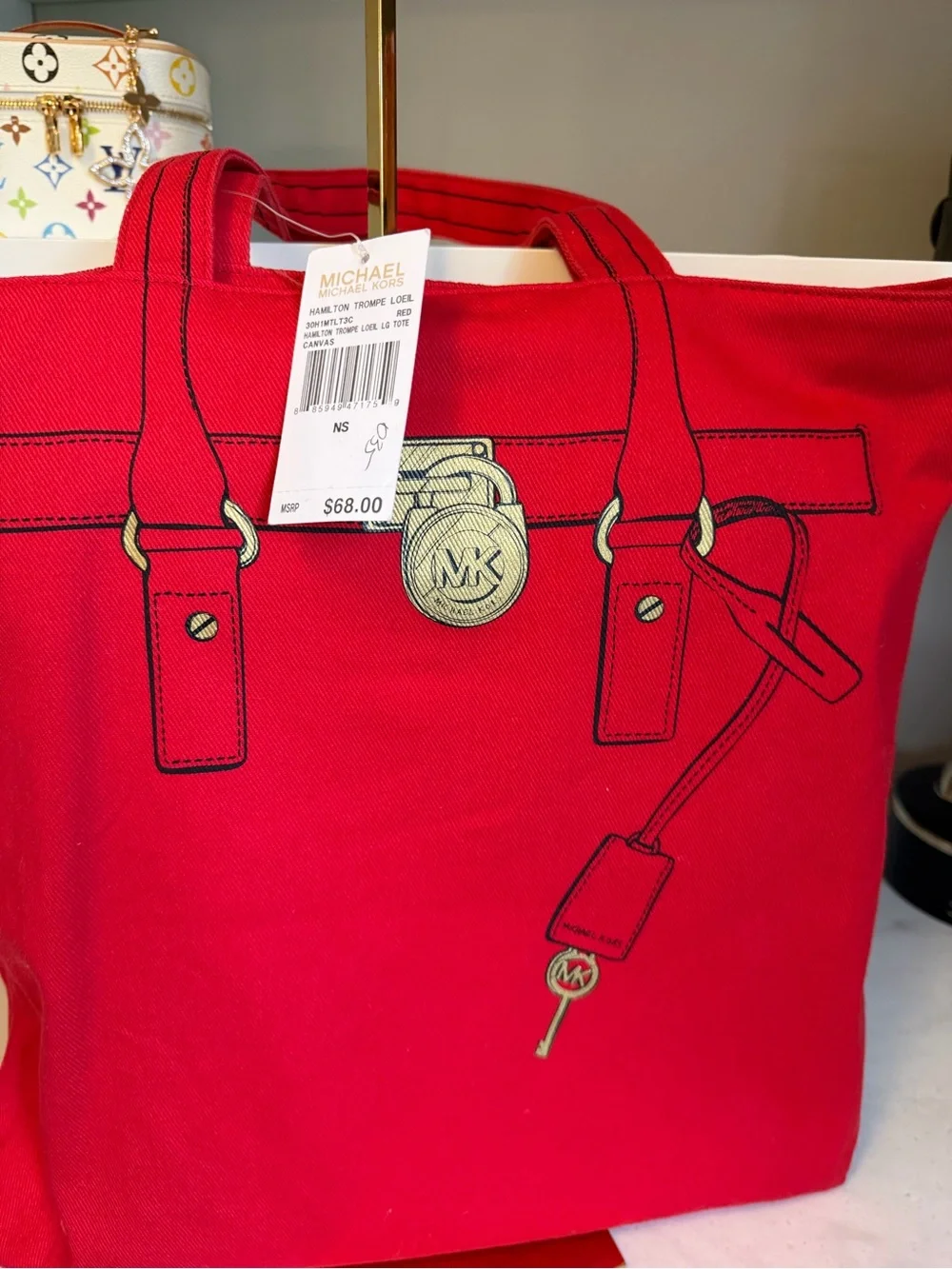 Michael Kors NWT Red Canvas Hamilton Tote with Gold Accent Print